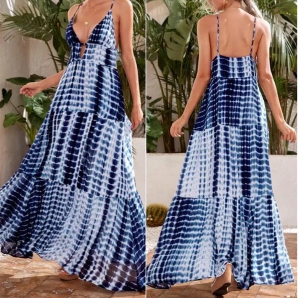 Boho Navy Blue Sexy White Tie Dye Cutout Maxi Dress - Picture 2 of 5